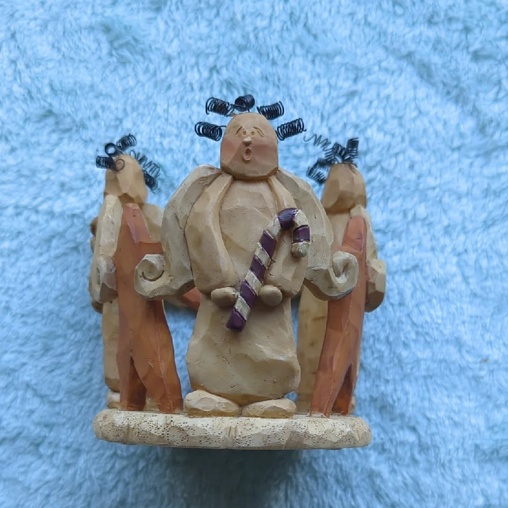 Unique Votive Candle Holder Angels and Stars Carved Look With Wire Hair
